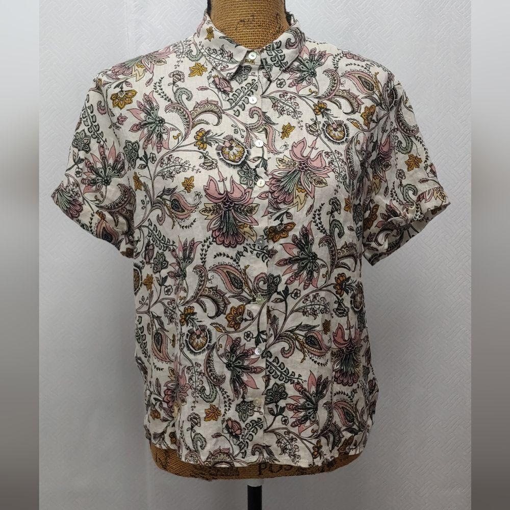 RACHEL ZOE 100% Linen Floral Button Down Short Sleeve Sz S